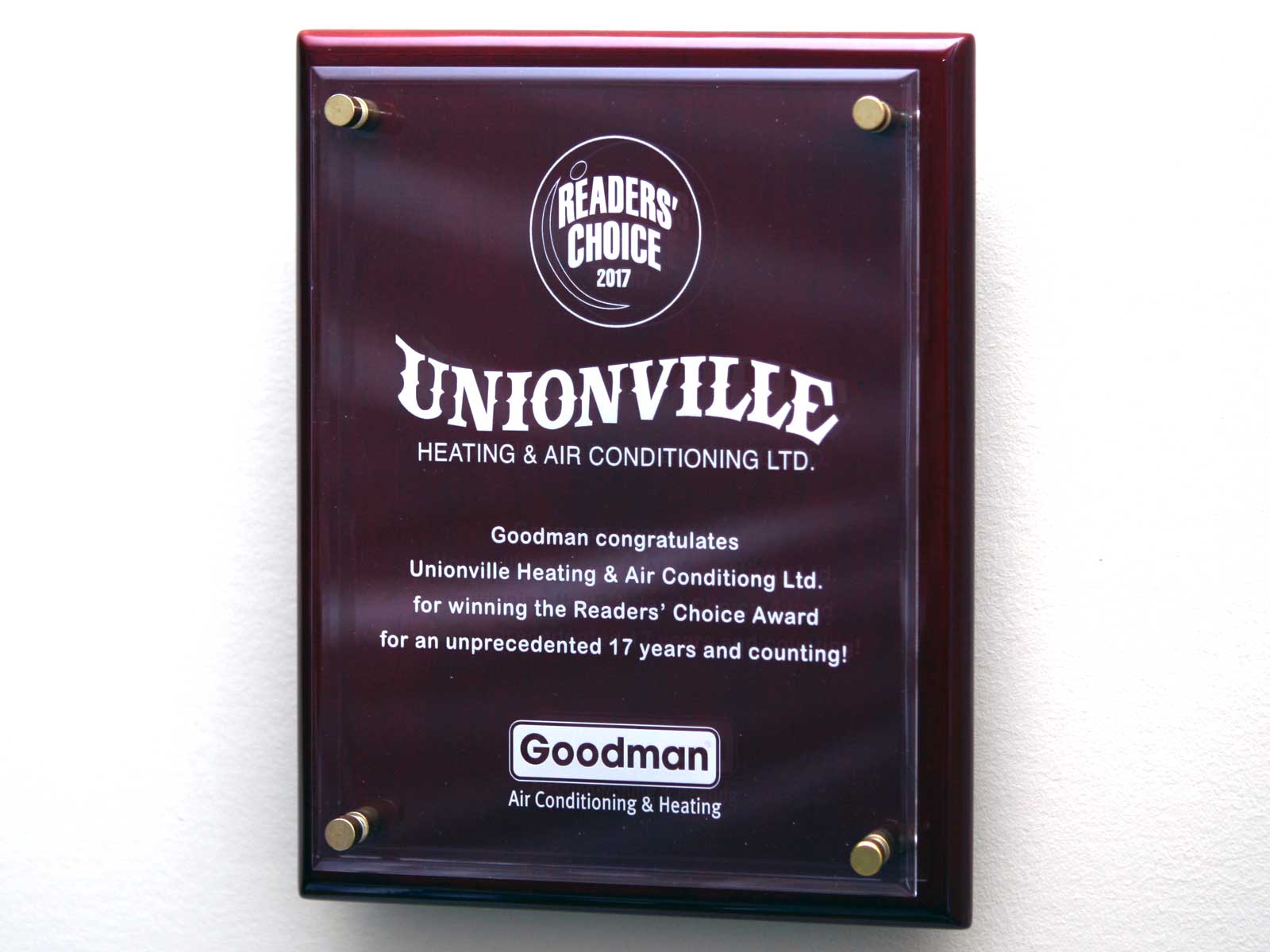 Goodman congratulates Unionville Heating and Air Conditioning