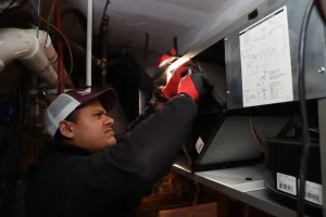 Unionville Heating technician inspecting indoor air quality system in residential furnace