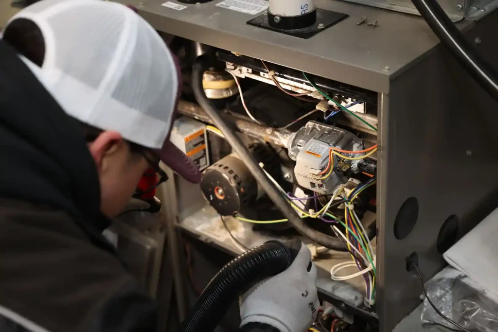 Unionville Heating technician performing furnace maintenance and motor inspection