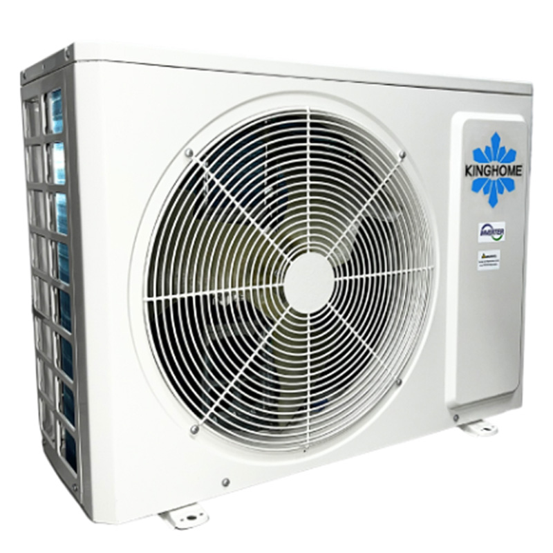 KingHome outdoor air conditioner condenser unit with Energy Guide label showing efficiency ratings